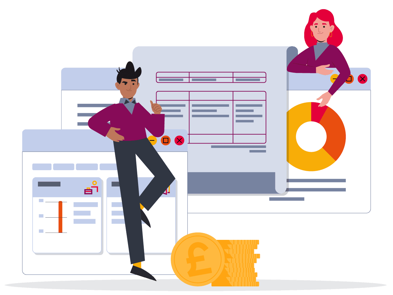 Vector illustration of two characters standing with the SD Worx HRe screen.